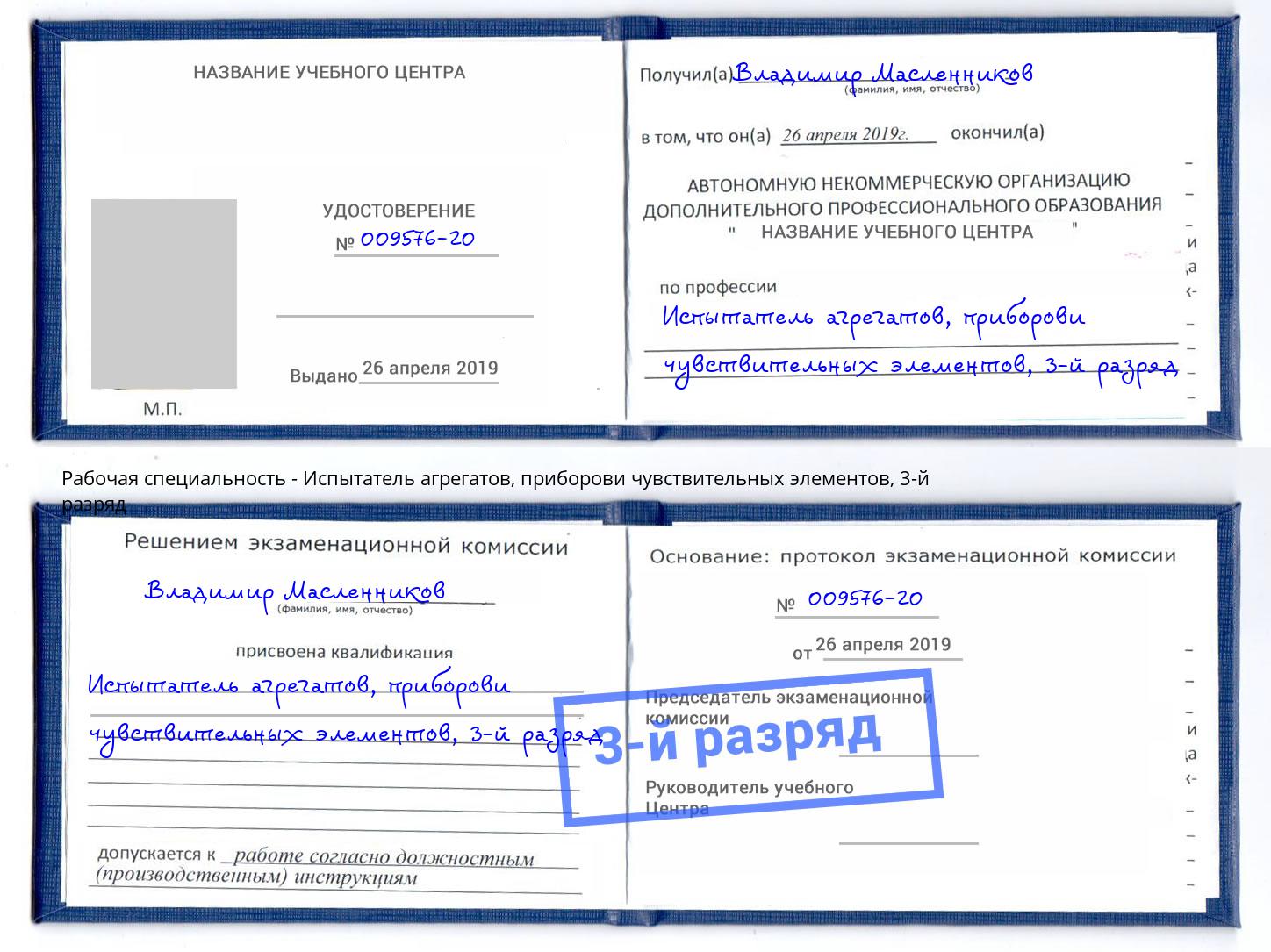 корочка 3-й разряд Испытатель агрегатов, приборови чувствительных элементов Кизилюрт