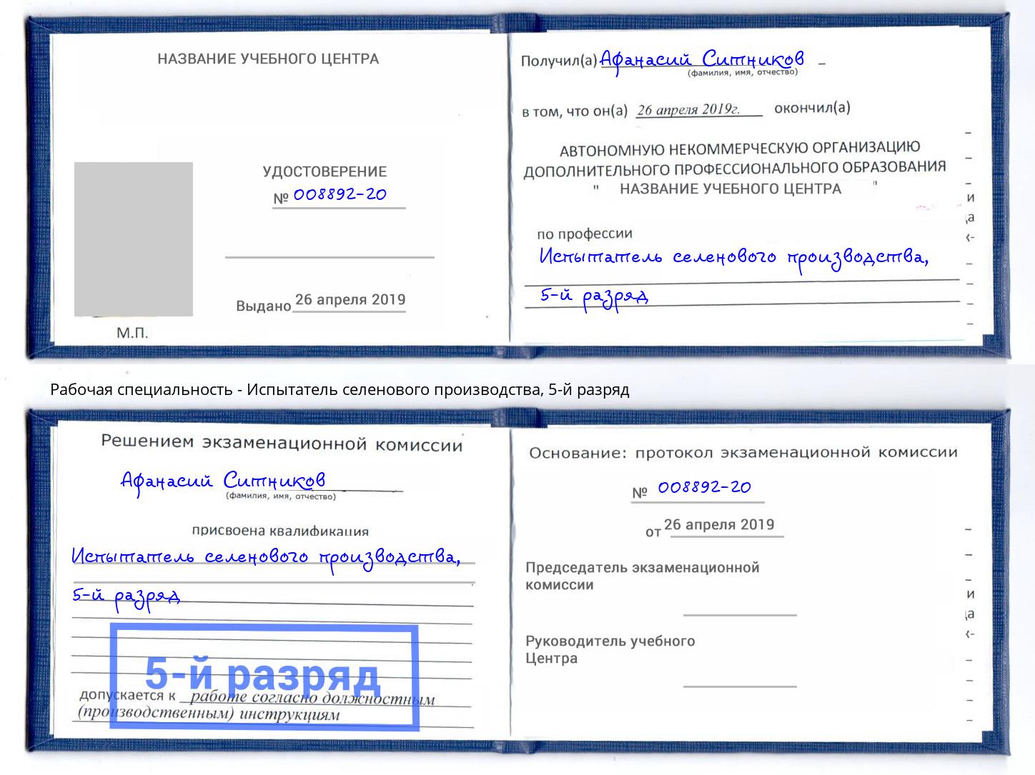 корочка 5-й разряд Испытатель селенового производства Кизилюрт