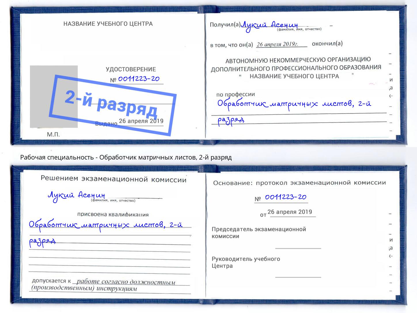 корочка 2-й разряд Обработчик матричных листов Кизилюрт