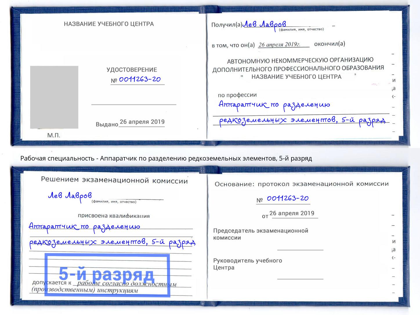 корочка 5-й разряд Аппаратчик по разделению редкоземельных элементов Кизилюрт